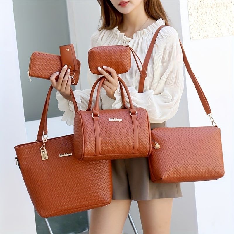 6pcs Geometric Pattern Tote Bag Set, Fashion Faux Leather Handbag & Crossbody Bag & Clutch Wallet & Wristlet & Key Case