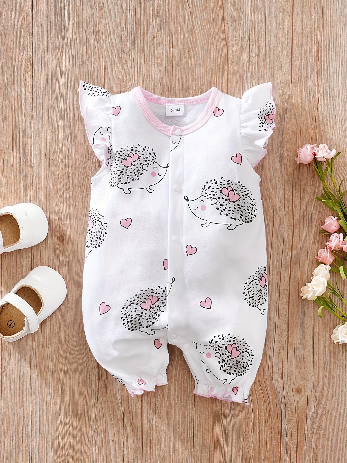 Comfy & Cute: Hedgehog Print Flutter Sleeve Baby Girls Jumpsuit