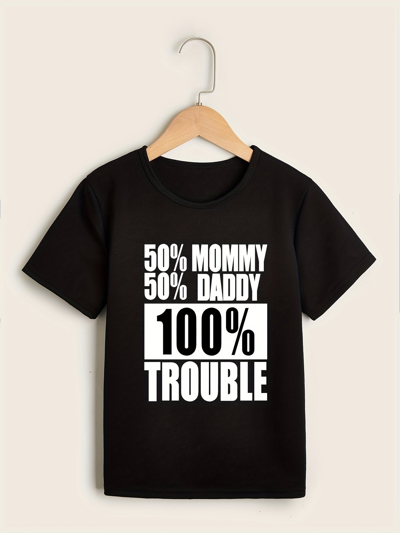 Boys "50% Mommy, 50% Daddy, 100% Trouble" Round Neck T-shirt Tees Tops Casual Soft Comfortable Summer Clothes