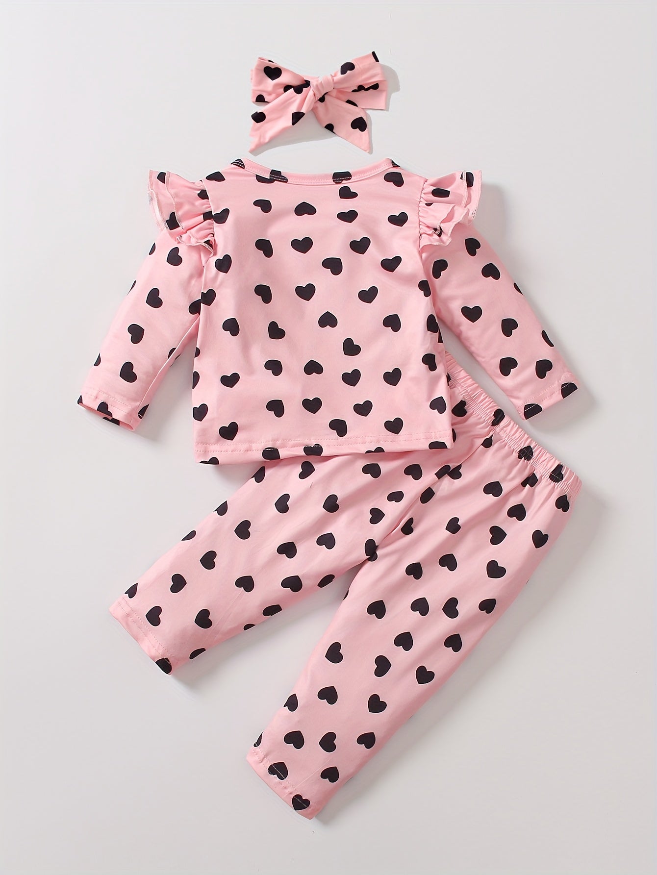 Toddler Baby Girls Heart Print Outfit - Ruffle Long Sleeve T-shirt & Loose Trousers & Headband, Casual & Comfy