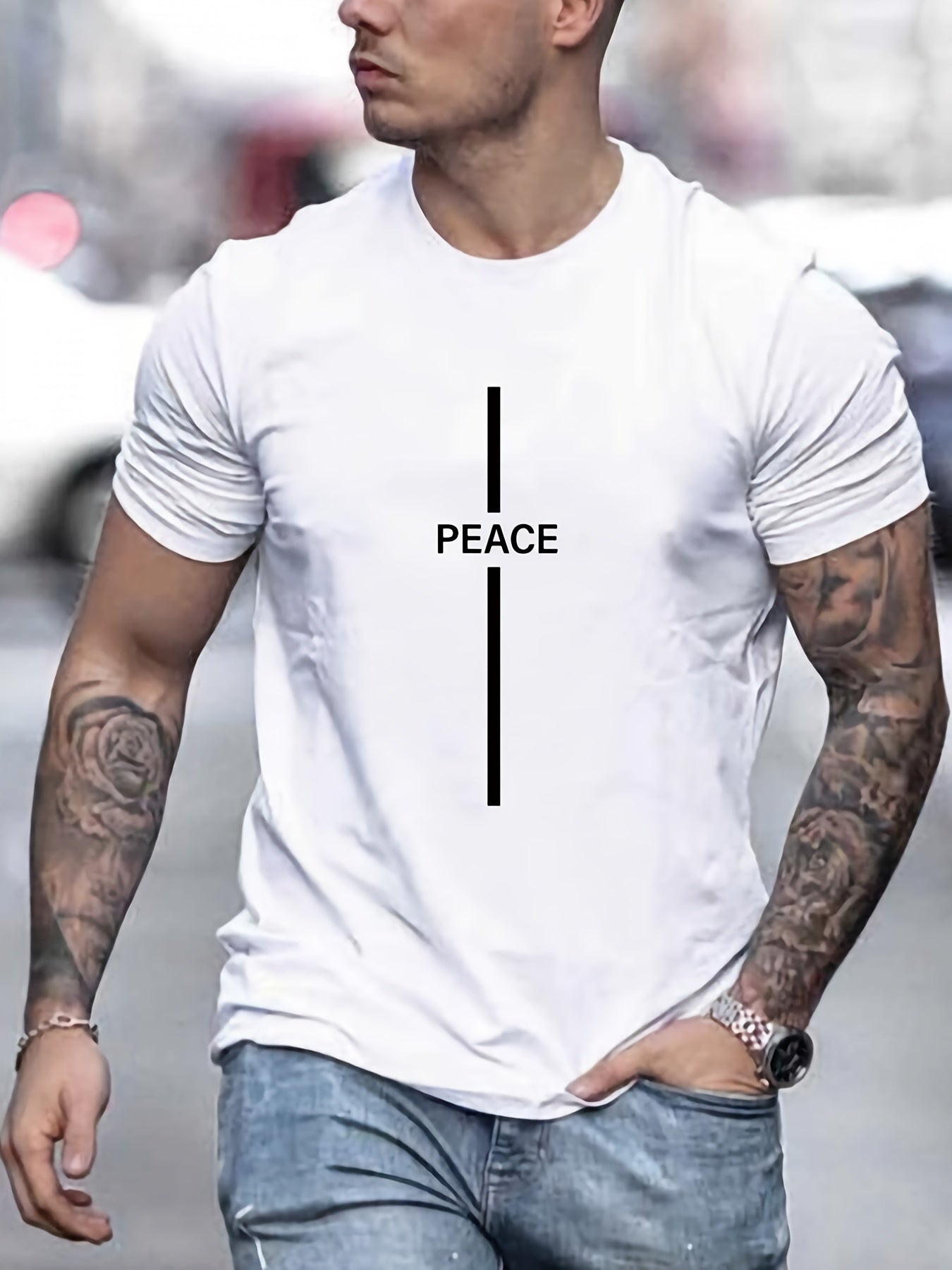 Men's Casual T-shirt With "PEACE" Print, Short Sleeve Crew Neck Tee For Summer