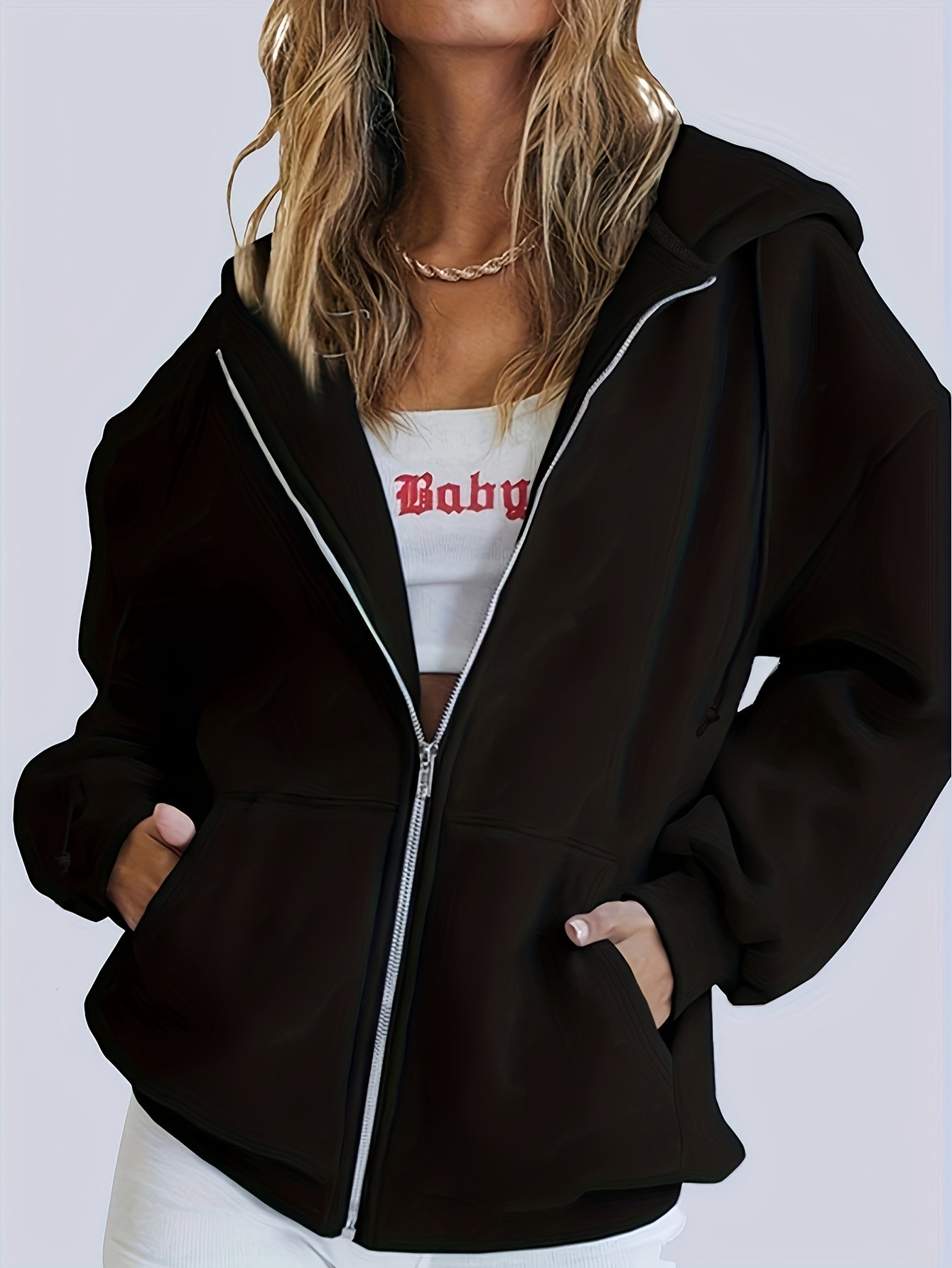 Plus Size Casual Sweatshirt, Women's Plus Solid Zip Up Long Sleeve Drawstring Hooded Sweatshirt Coat With Pockets