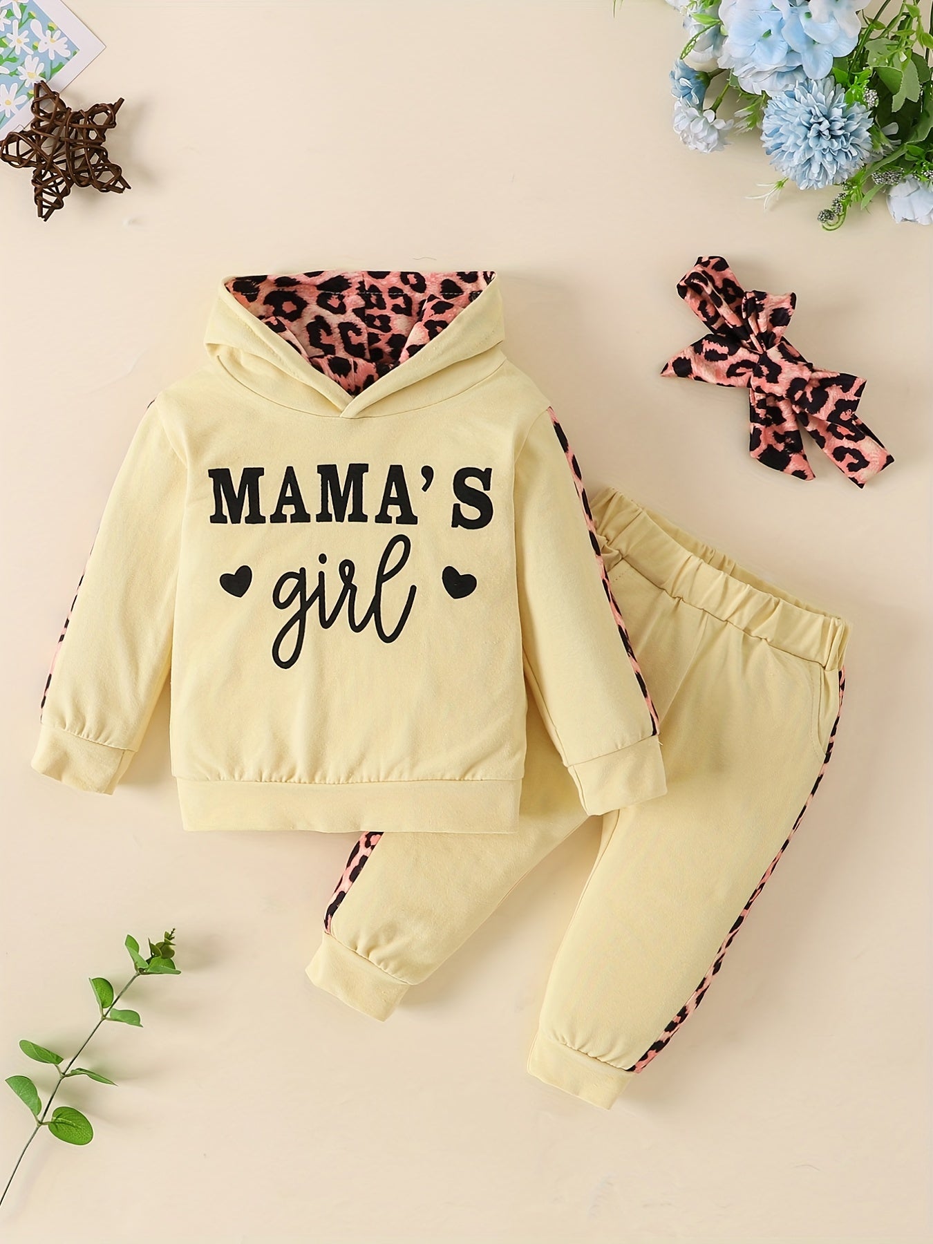 3pcs Baby Girls Casual  Hoodie Set, Leopard Print Long Sleeve Hooded Sweatshirt & Pants & Headband Set