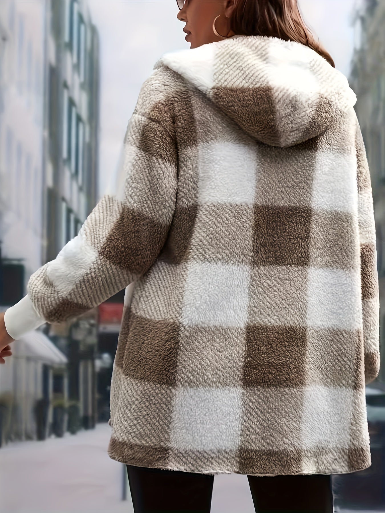 Plaid Print Hooded Teddy Coat, Casual Open Front Thermal Outerwear, Women's Clothing