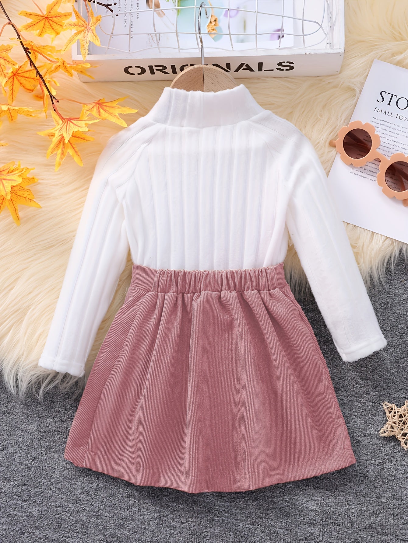 2pcs Little Girl's Stylish Outfits, Ribbed Knitted Turtleneck Top & Corduroy Skirt Set, Kids Clothes Autumn And Winter