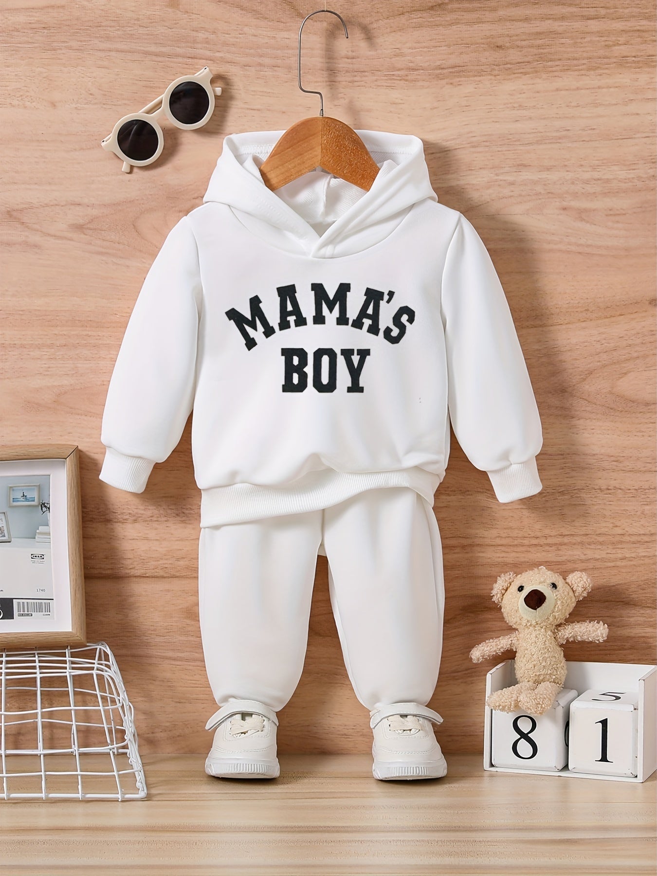 MAMA'S BOY Print Casual Outfit, Infant Baby Autumn And Winter Sweatshirt Hoodie Trousers Set