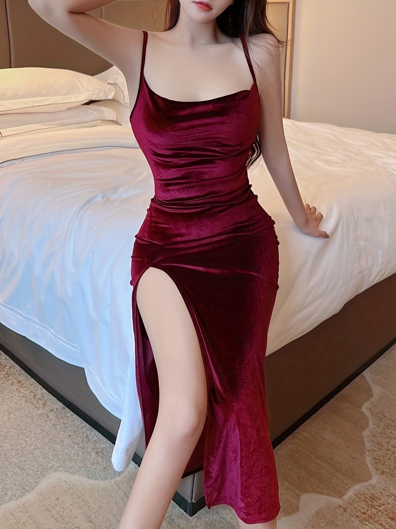 Split Thigh Ruched Dress, Elegant Spaghetti Sleeveless Party Dress, Women's Clothing
