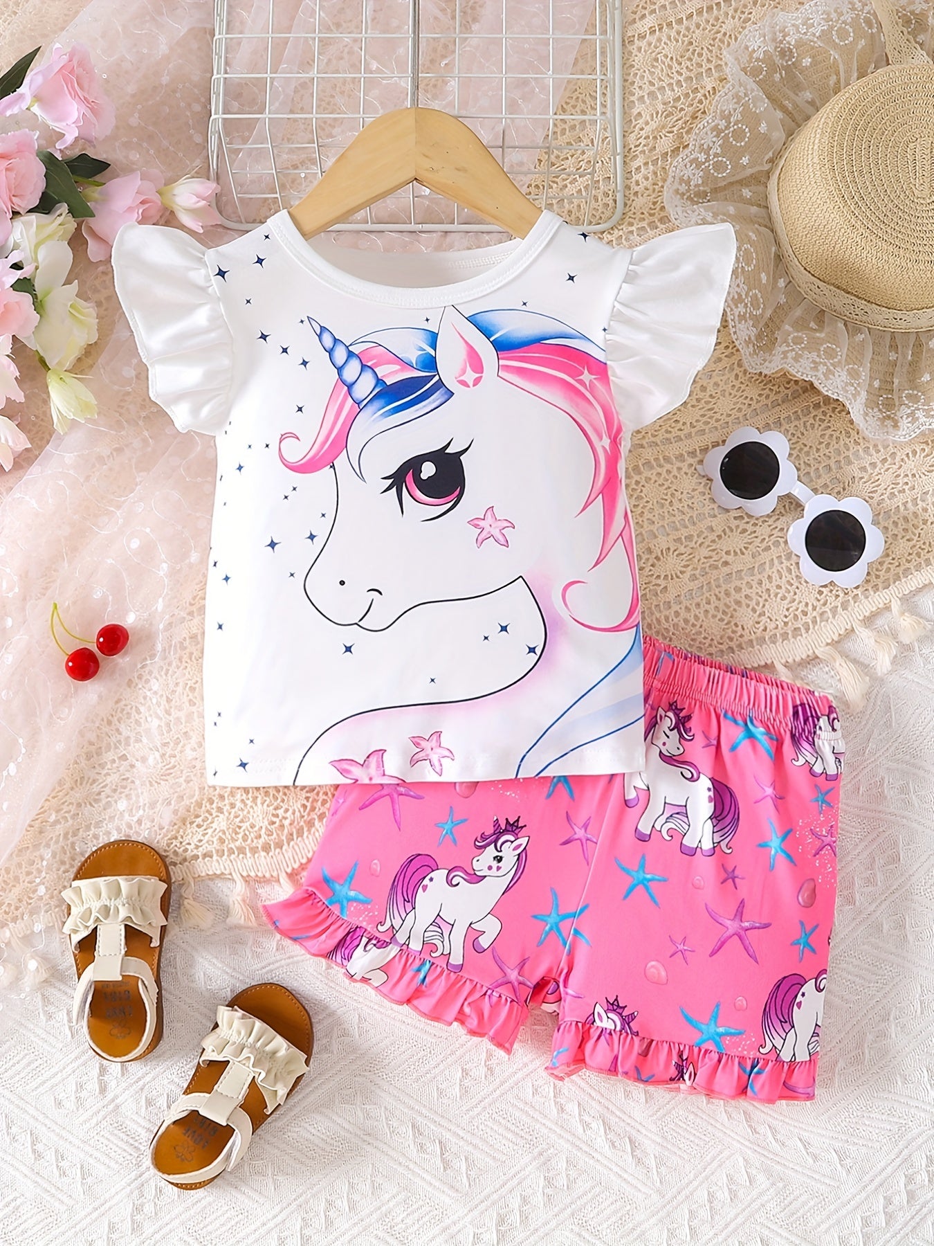 2pcs Girls Ruffle Trim Cute Cartoon Unicorn Graphic T-shirt Top & Ruffled Hem Elastic Waist Shorts Set Kids Summer Clothes