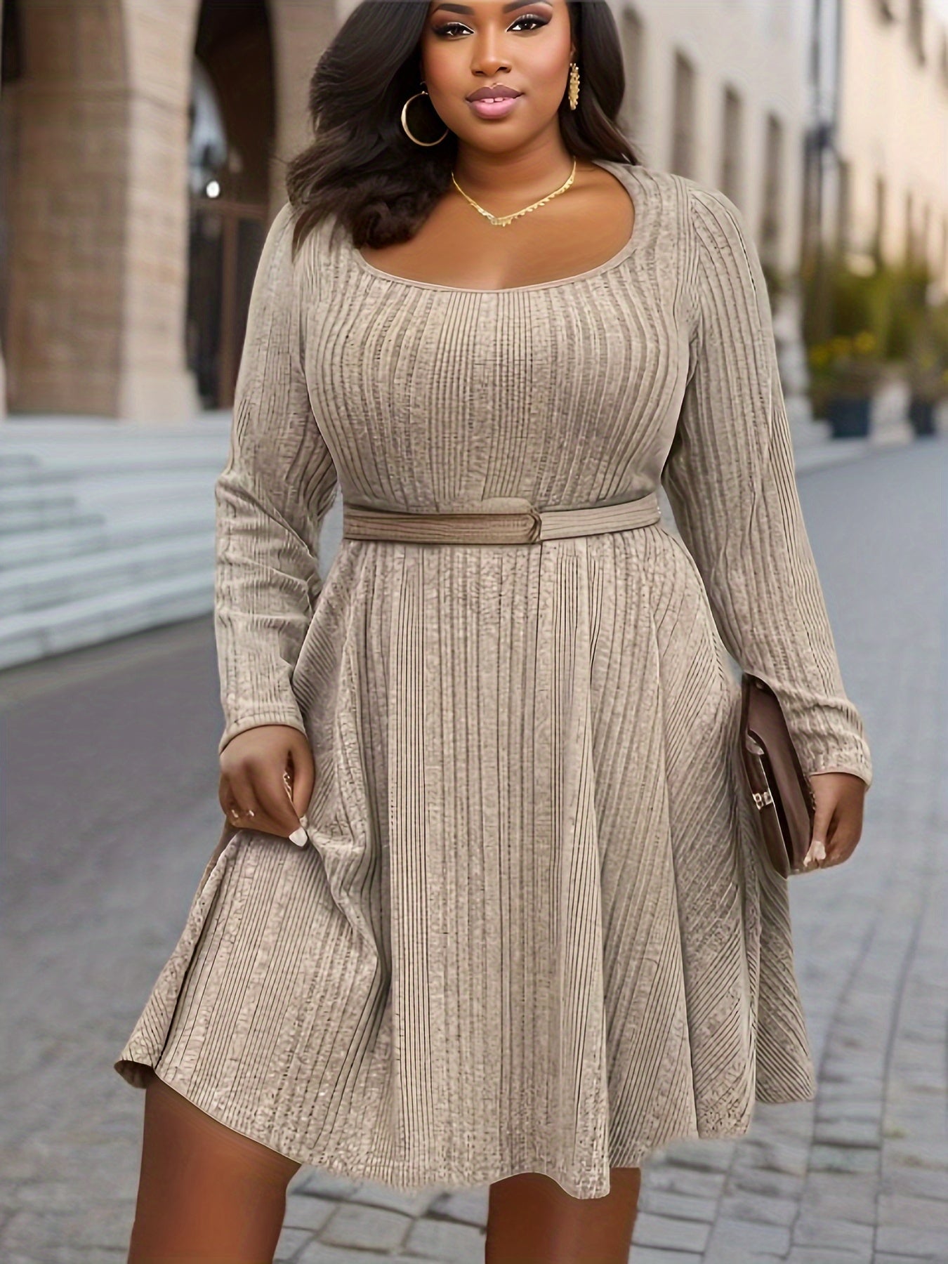 Plus Size Casual Dress, Women's Plus Solid Ribbed Long Sleeve Round Neck High Stretch Knee Length Dress