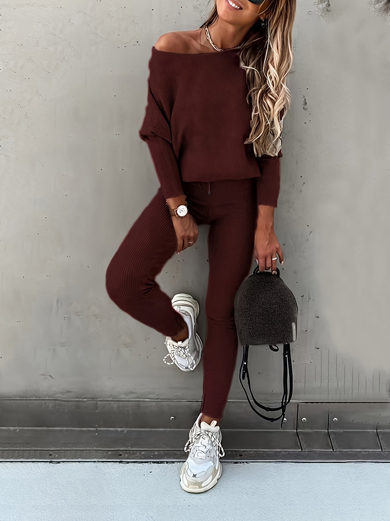 Casual Solid Sports Two-piece Set, With Slanted Shoulder Long Sleeve Hoodies & Tied Striped Pants Set, Women's Clothing