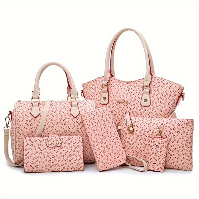 6pcs Geometric Pattern Tote Bag Set, Fashion Faux Leather Handbag & Crossbody Bag & Clutch Wallet & Wristlet & Key Case