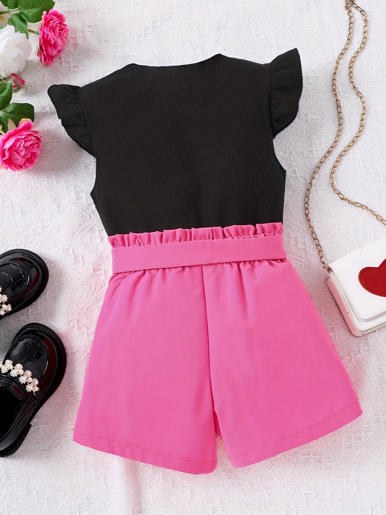 2pcs Girls Going Out Short Suit Heart Graphic Flutter Sleeve Top & Belted Waist Shorts Set Kids Summer Clothes