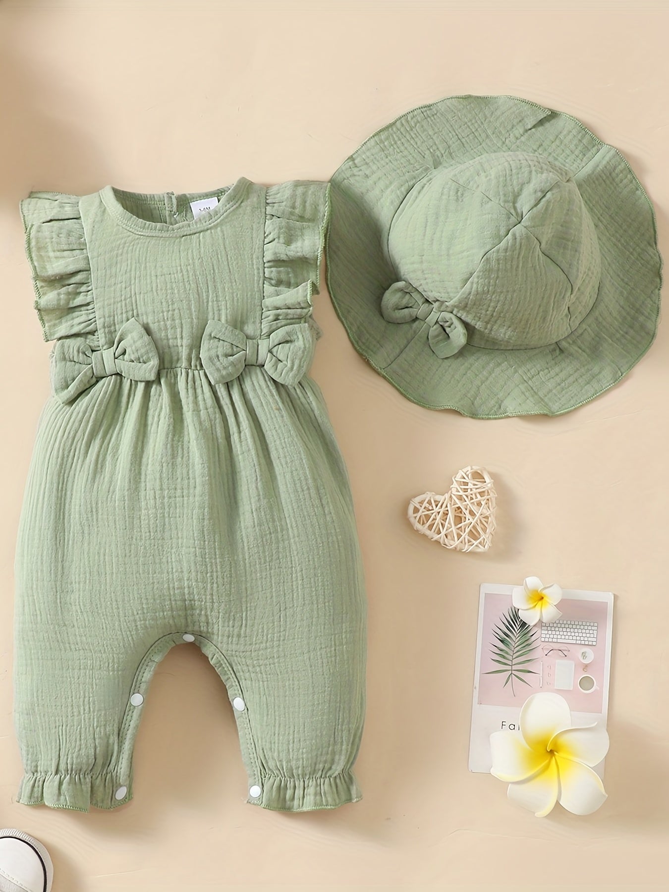 Stay Cool In Summer: 2pcs Baby Girl's Cotton Romper With Hat Set