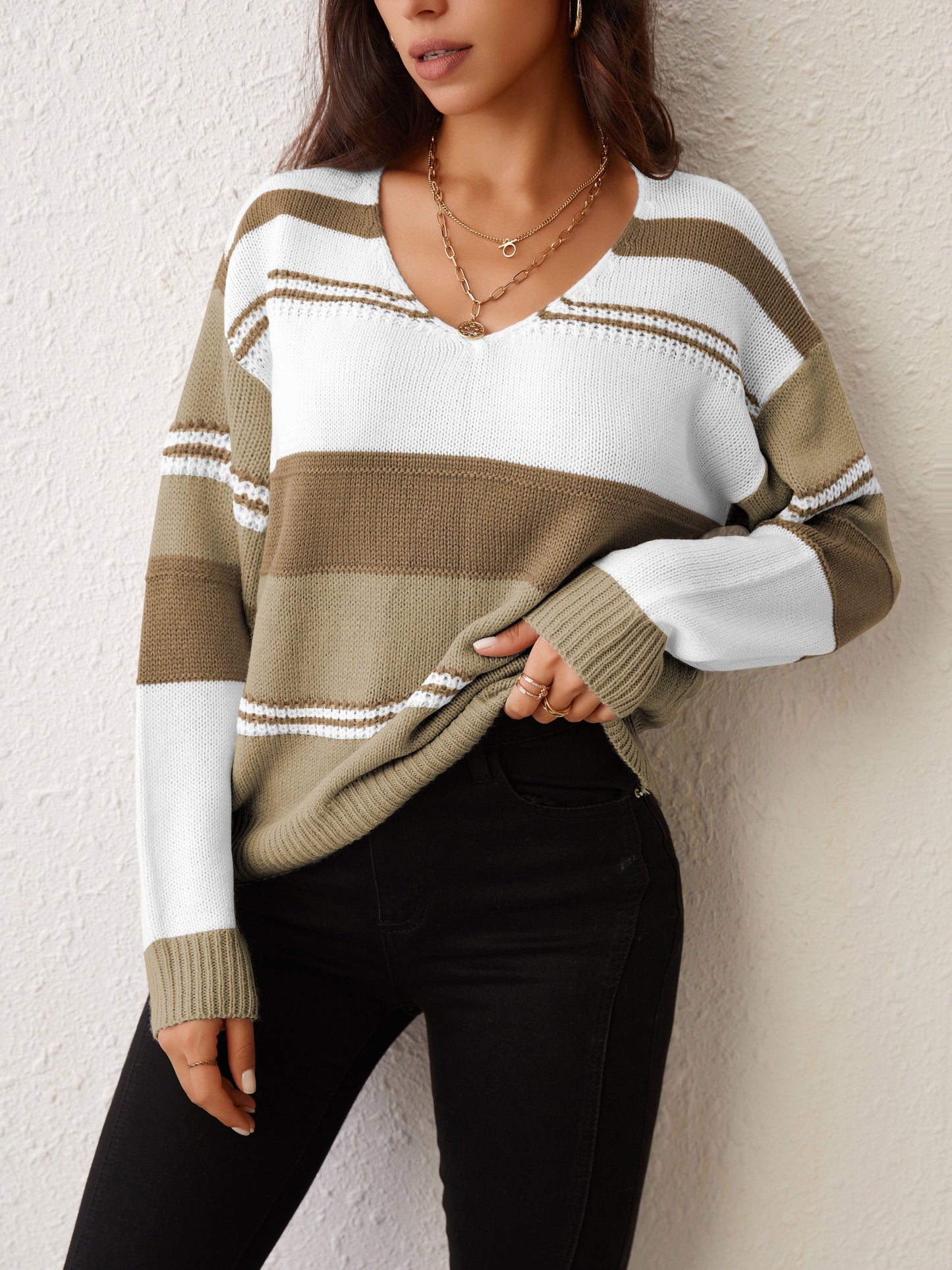 Color Block V Neck Pullover Sweater, Casual Long Sleeve Comfy Sweater, Women's Clothing