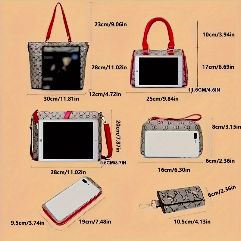 6pcs/set Fashion Large Capacity Tote Bag, Trendy Shoulder Bag, Women's Casual Handbag, Crossbody Bag & Clutch Purse