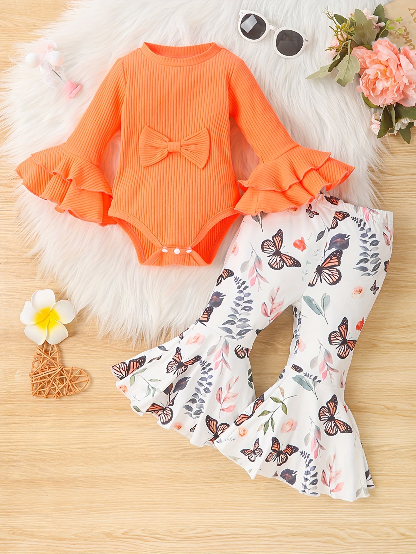 Baby Girl's Long Flared Sleeve Triangle Romper Top + Floral Print Flared Pants Set, Infant Fall Winter Outfit