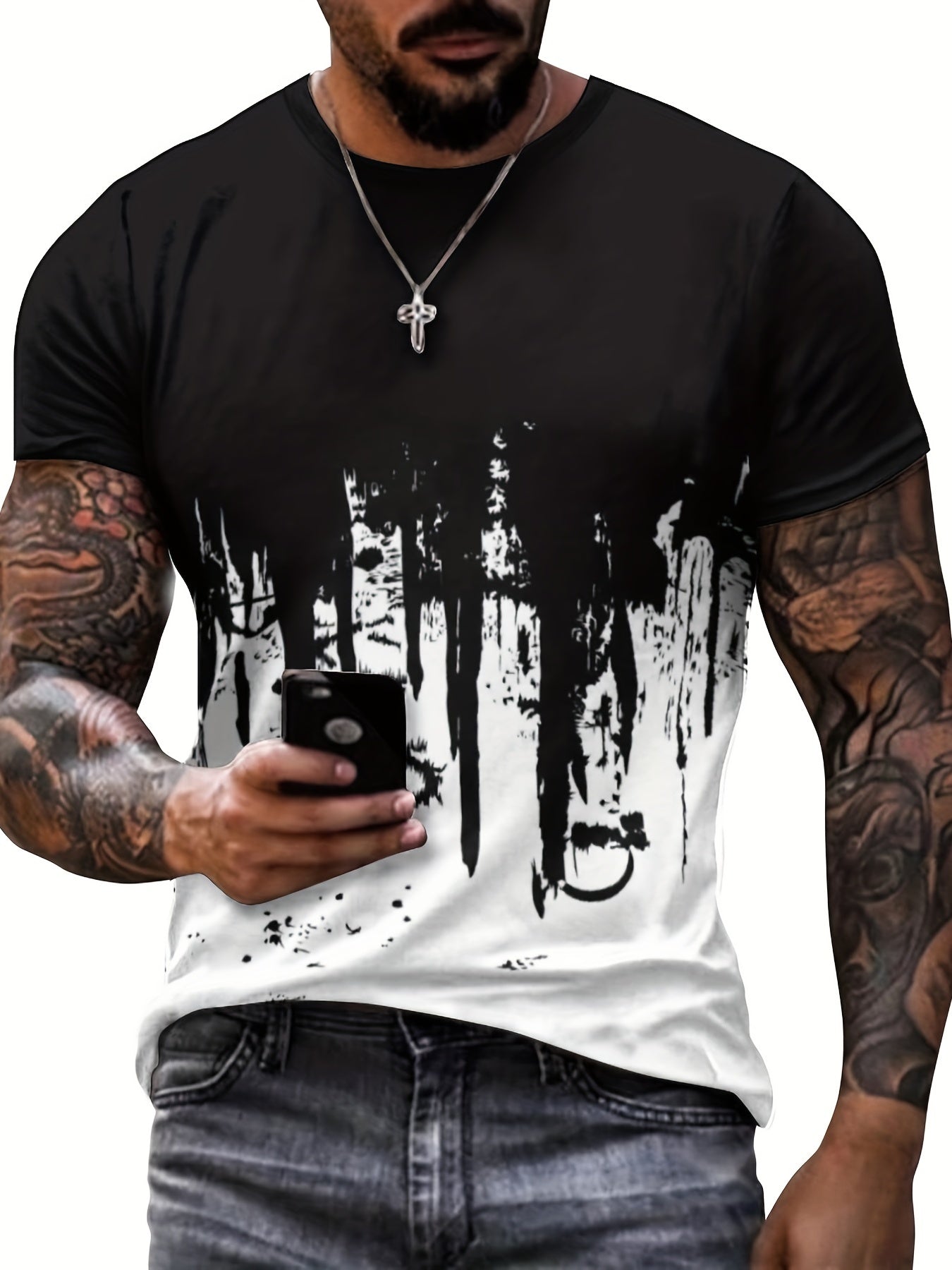 Paint Splash Print, Men's Graphic Design Crew Neck Active T-shirt, Casual Comfy Tees Tshirts For Summer, Men's Clothing Tops For Daily Gym Workout Running