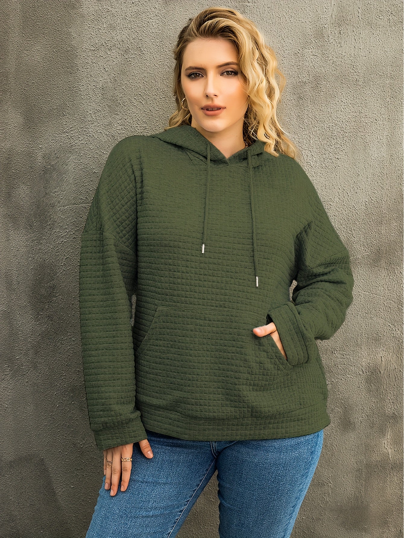 Plus Size Casual Sweatshirt, Women's Plus Solid Waffle Pattern Long Sleeve Drawstring Hoodie Sweatshirt With Pockets