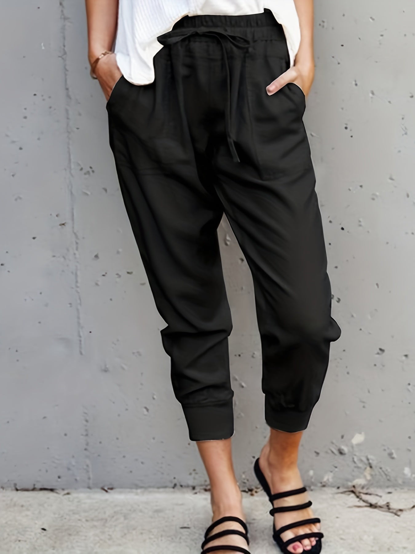 Minimalist Drawstring Waist Pants, Solid Casual Pants For Spring & Summer, Women's Clothing