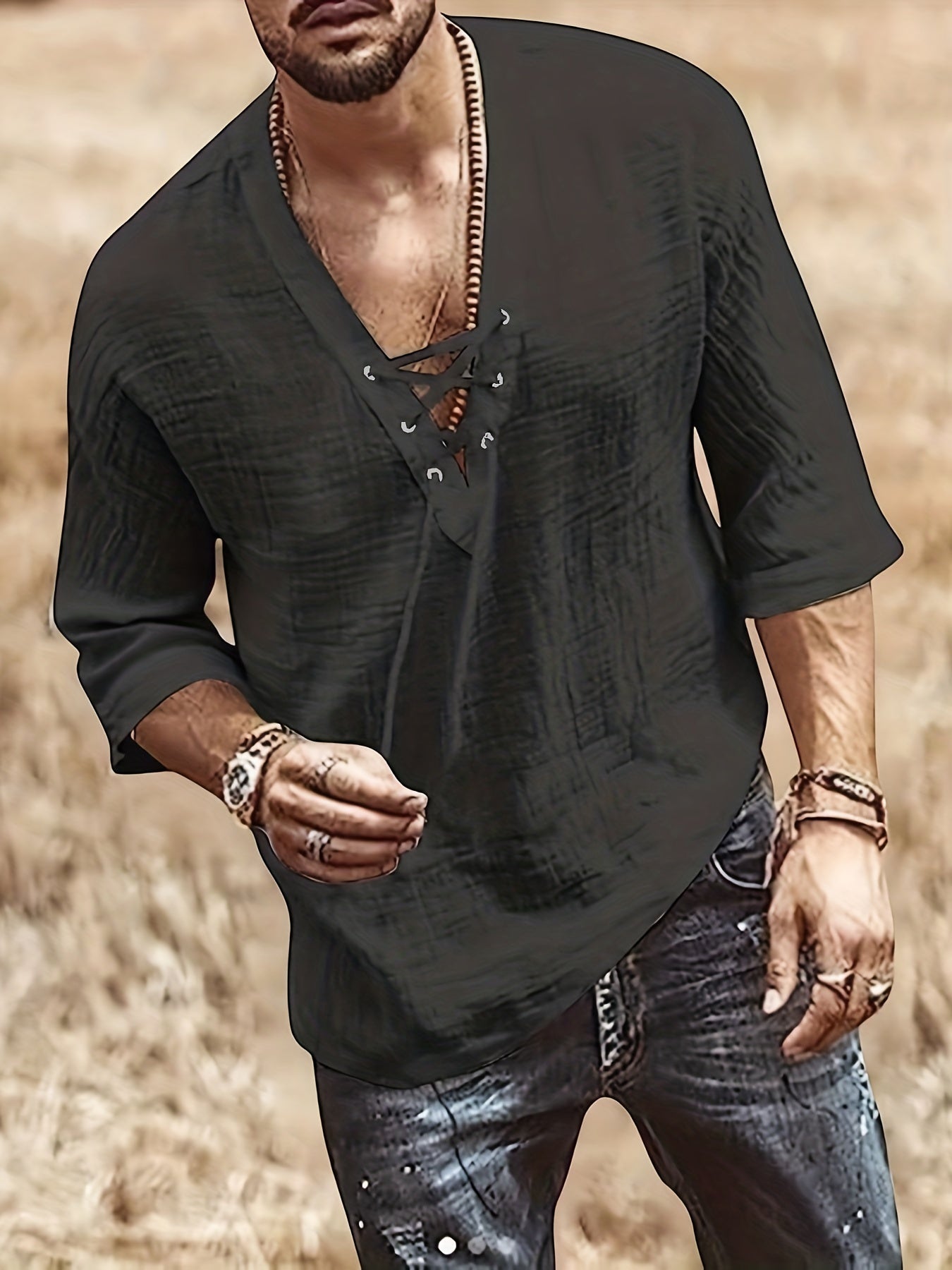 Men's Retro Shirt Top V Neck Lace Up Collar Middle Sleeves Closure Regular Fit Male Casual Shirt For Daily Beach Resorts Summer
