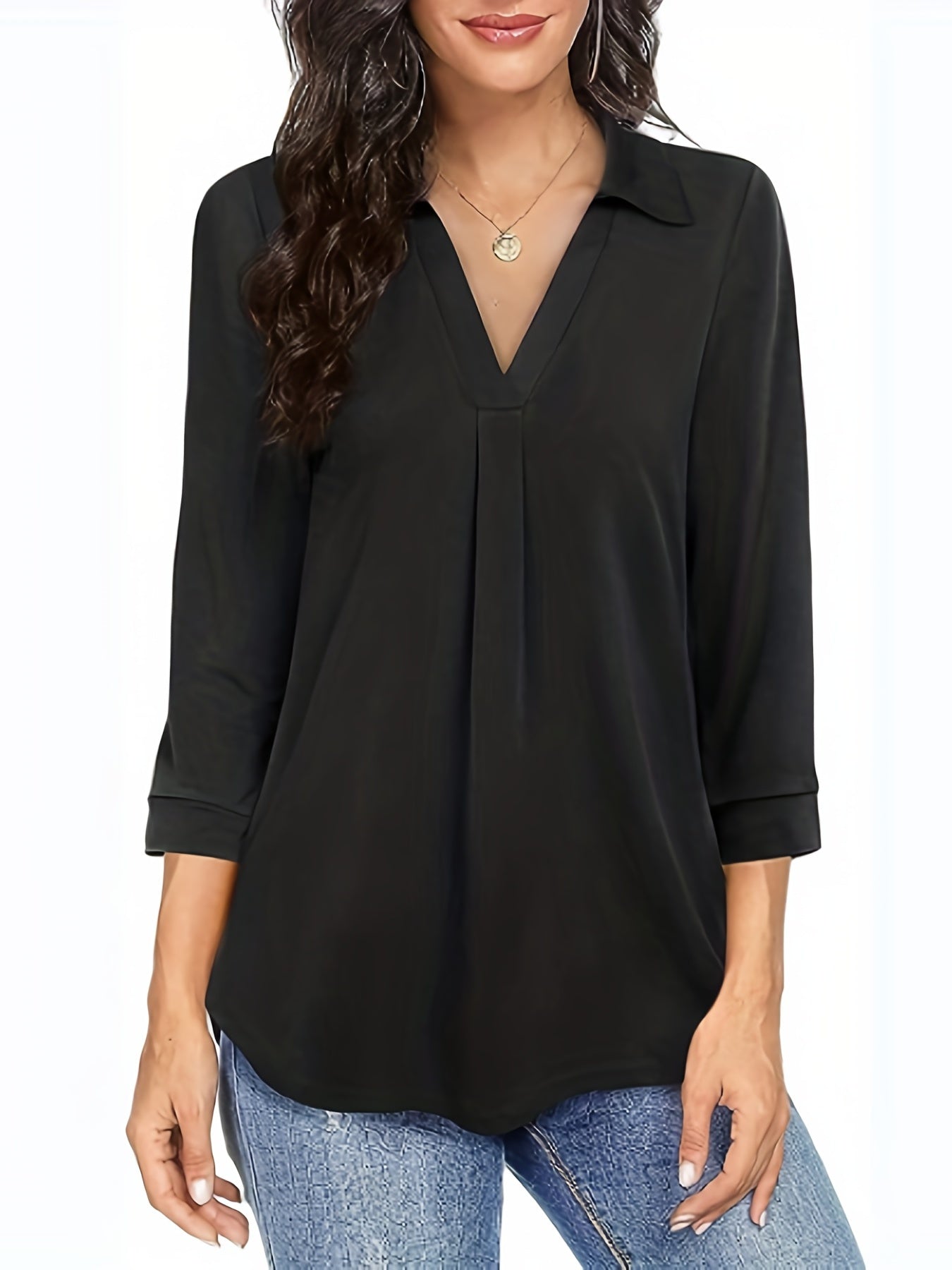 Plus Size Casual Blouse, Women's Plus Solid Half Sleeve Turn Down Collar Tunic Top
