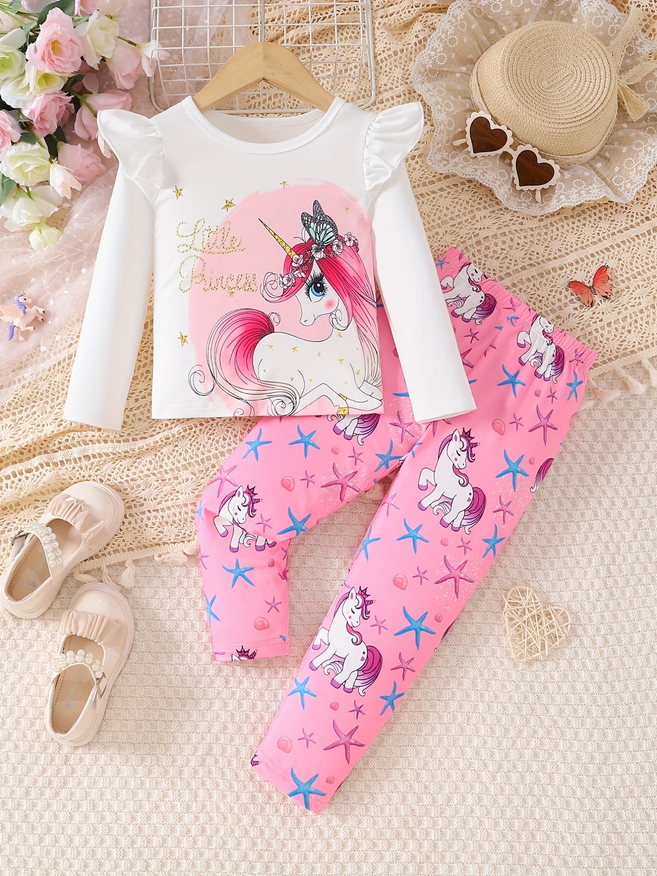 Toddler Girl's 2pcs, Long Sleeve Top & Pants Set, Unicorn Starfish Print Ruffle Decor Casual Outfits, Kids Clothes For Spring Fall