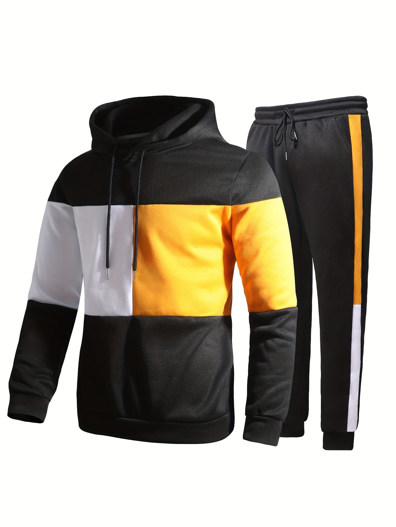 Men's Colorblock Hooded Sweatshirt Casual Outfit Set, 2 Pieces Long Sleeve Pullover Hoodies And Drawstring Sweatpants