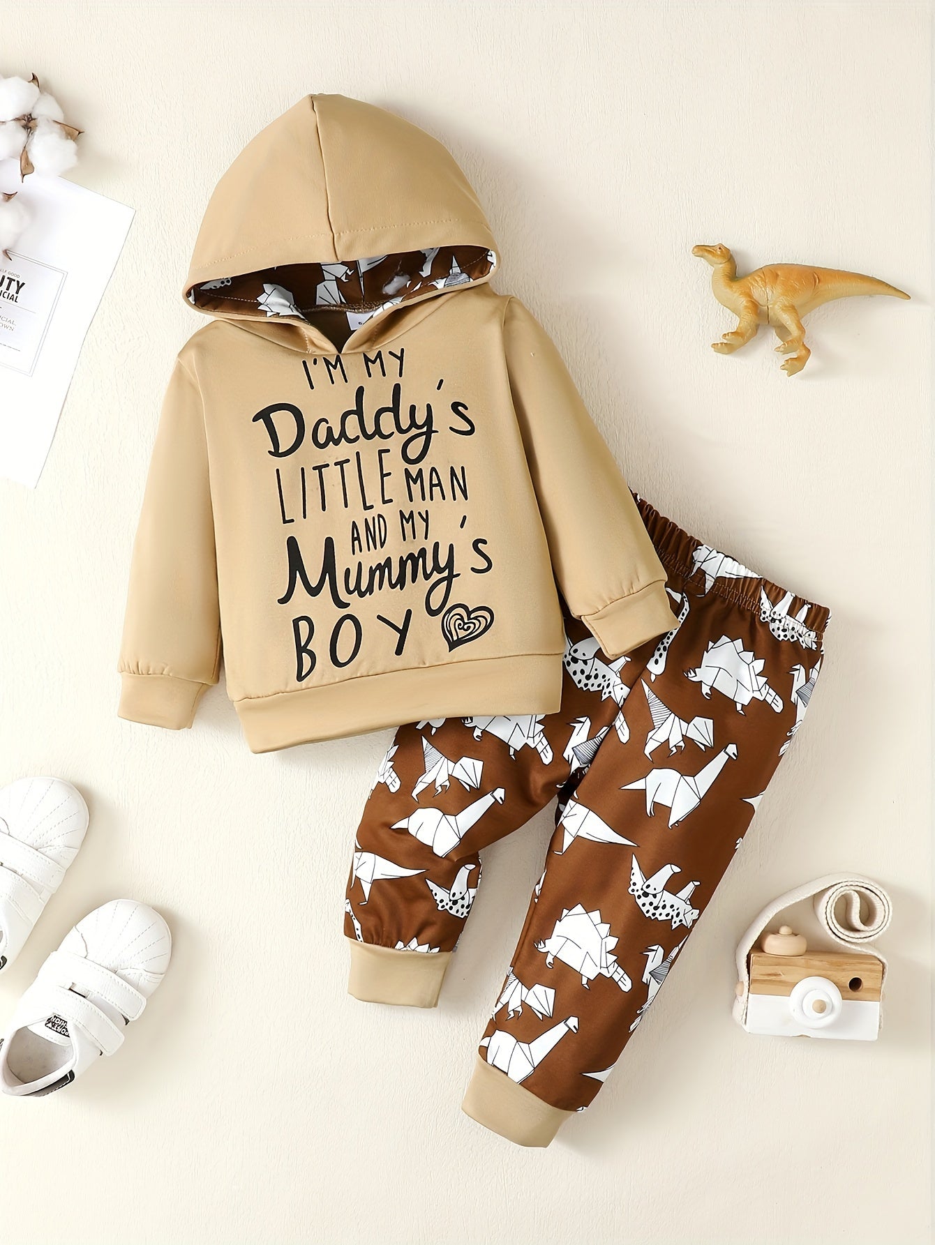 Baby Boys Casual Outfit, Letter Of Love Print Hooded Layered Top Dinosaur Full Print Trousers For Daily Outing Clothes Fall Winter