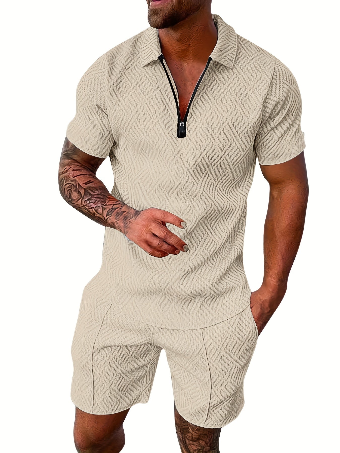 Men's Polyester Thin V-neck Zipper Sweatsuits With V-neck Zipper T-shirt & Shorts Christmas Gifts Best Sellers