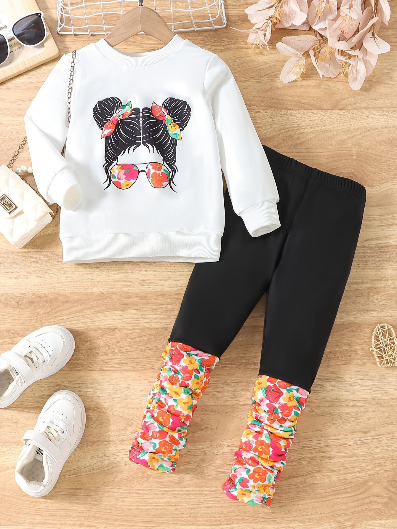 Girl's Floral Pattern Outfit 2pcs, Portrait Graphic Sweatshirt & Pants Set, Kid's Clothes For Spring Fall