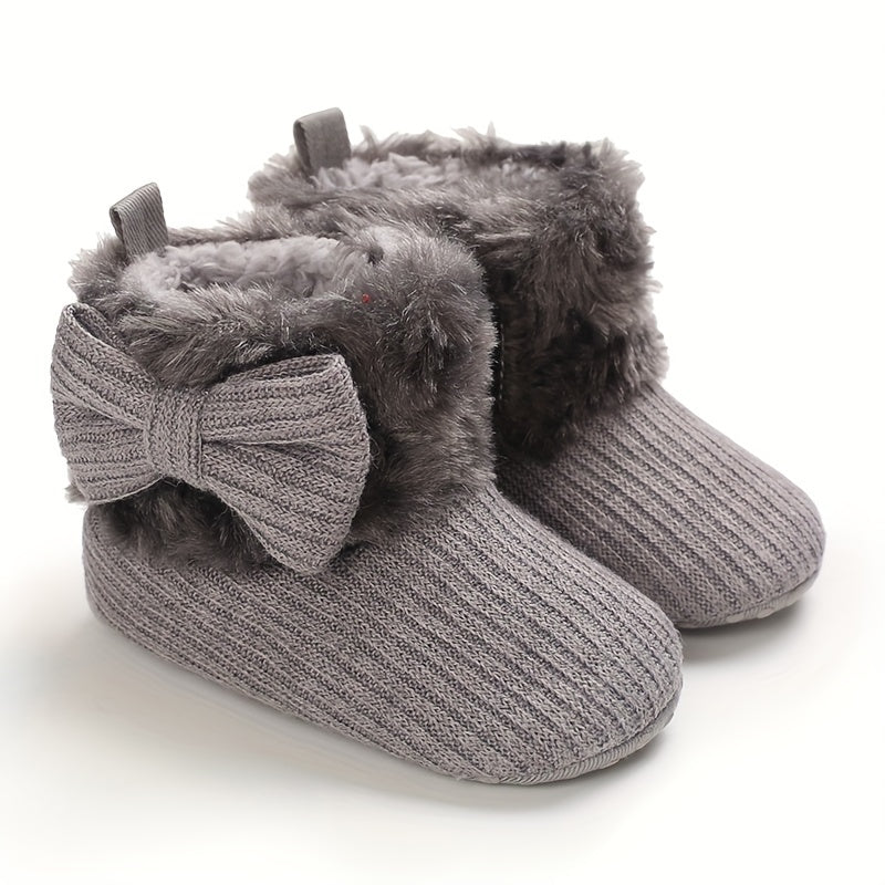 Cute Bowknot Comfortable Boots For Baby Boys And Girls, Soft Warm Plus Fleece Boots For Indoor Walking, Winter