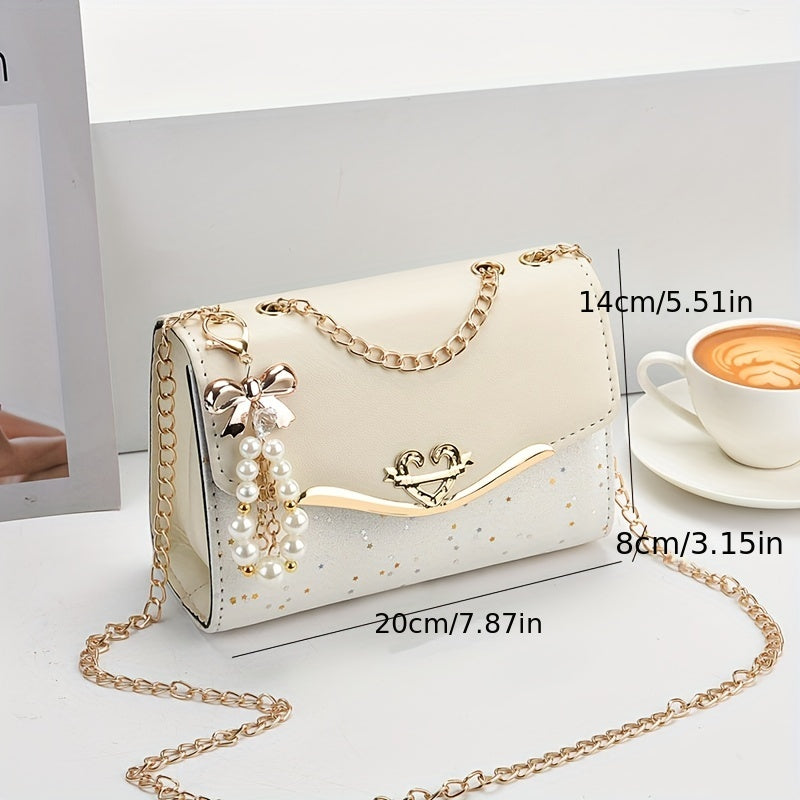 Star Sequins Crossbody Bag, Fashion Chain Shoulder Bag, Heart & Bow Decor Square Purse For Women