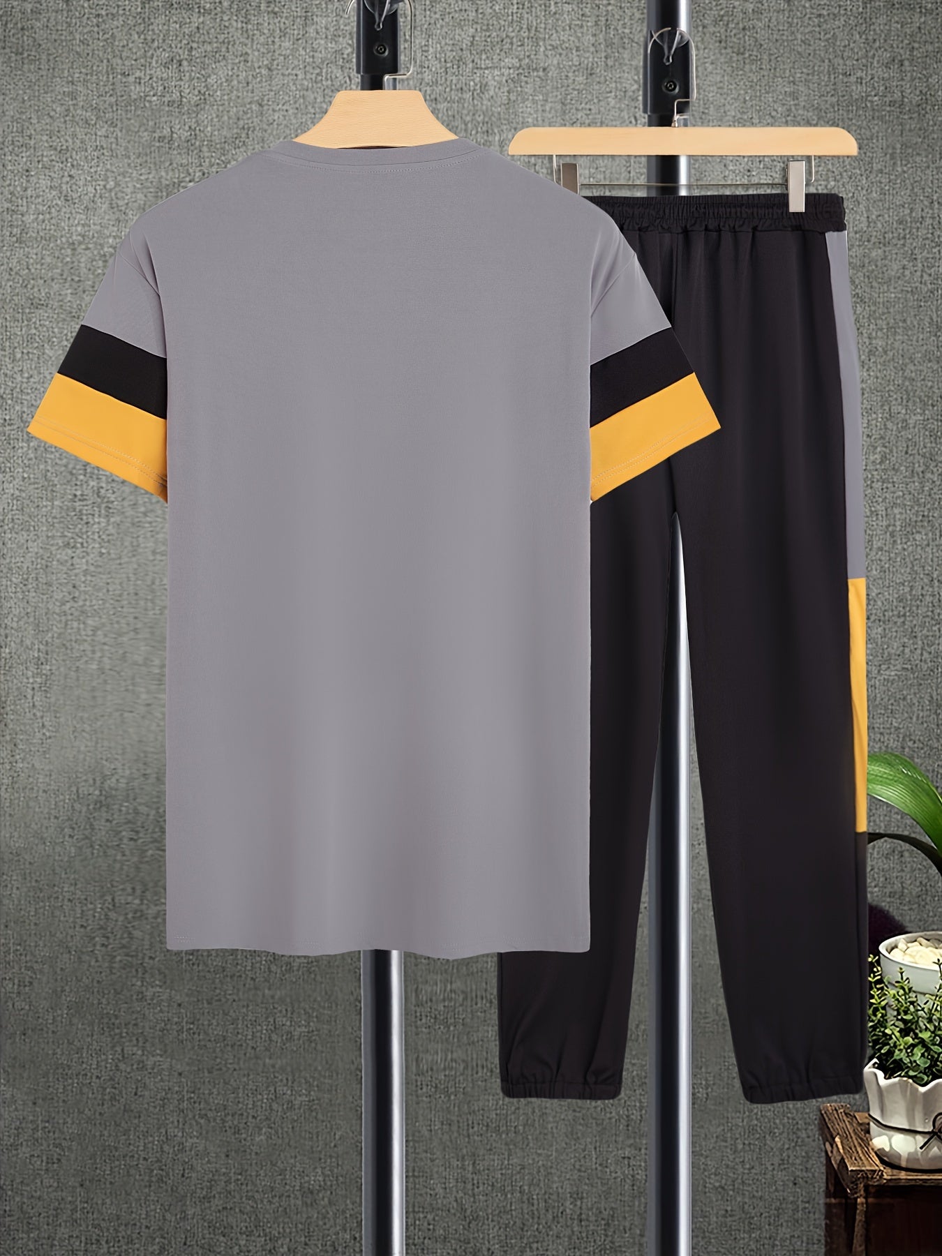 Letter Print, Men's 2Pcs, Stripe Cuff T-shirt And Side Color Block Jogger Pants Set