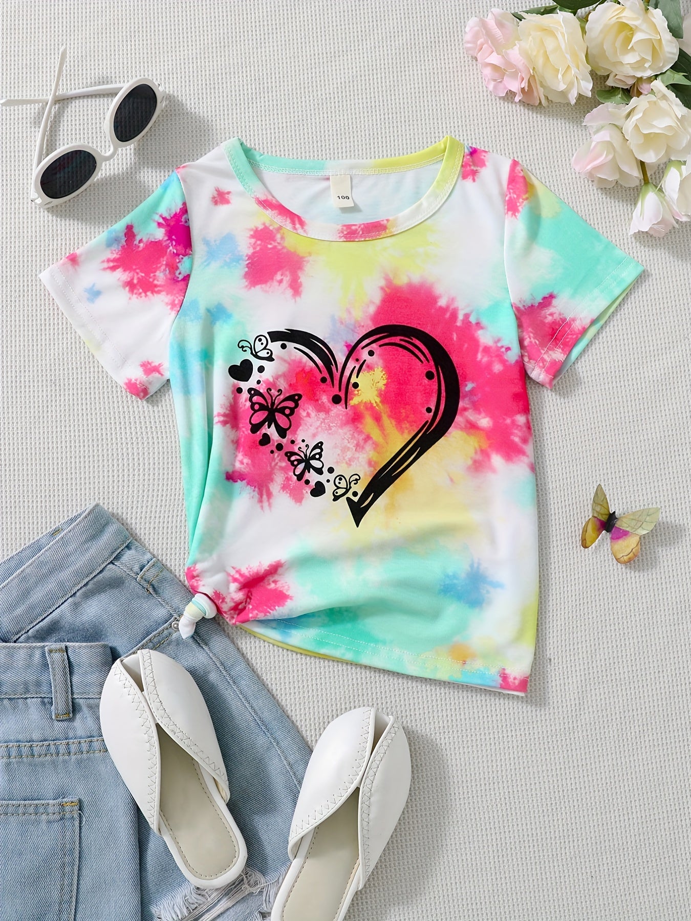 Toddler Girls Tie Dye Heart And Butterfly Graphic T-Shirt, Casual Round Neck Tees Top, Kids Summer Clothes