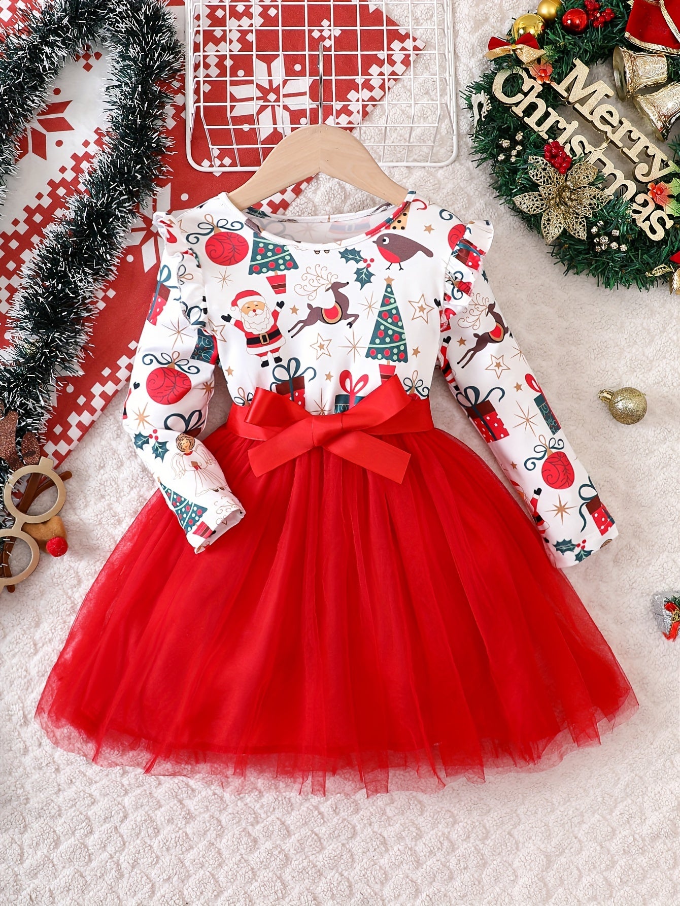 Christmas Girls Tulle Splice Long Sleeve Tutu Dress, Cute & Smart Holiday Party Dresses Outfit For Kids/ Toddlers, Gift Choice