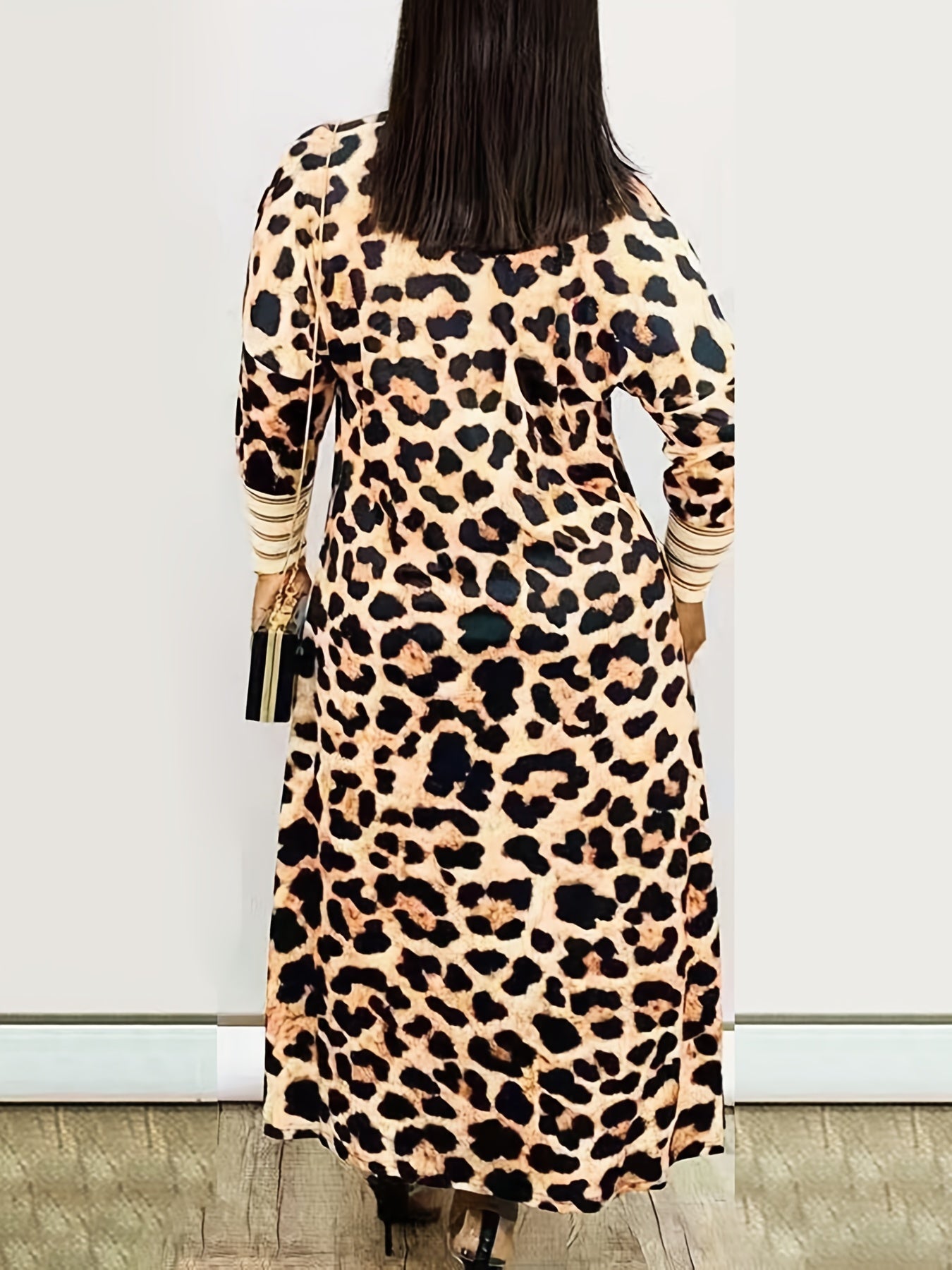 Plus Size Longline Leopard Print Colorblock Cardigan Coat, Women's Plus Slight Stretch Elegant Coat