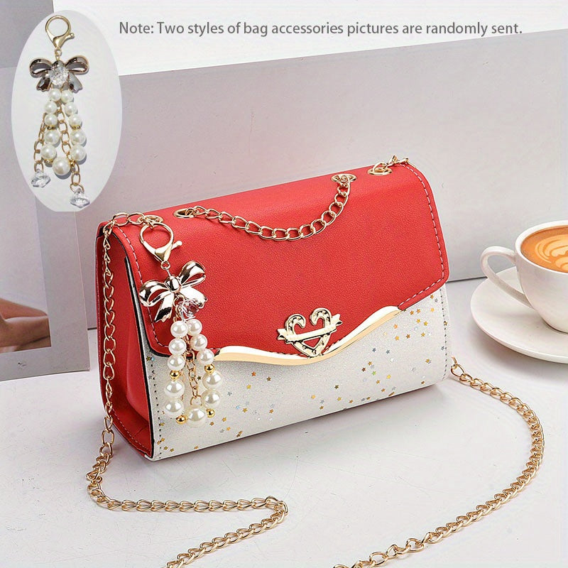 Star Sequins Crossbody Bag, Fashion Chain Shoulder Bag, Heart & Bow Decor Square Purse For Women