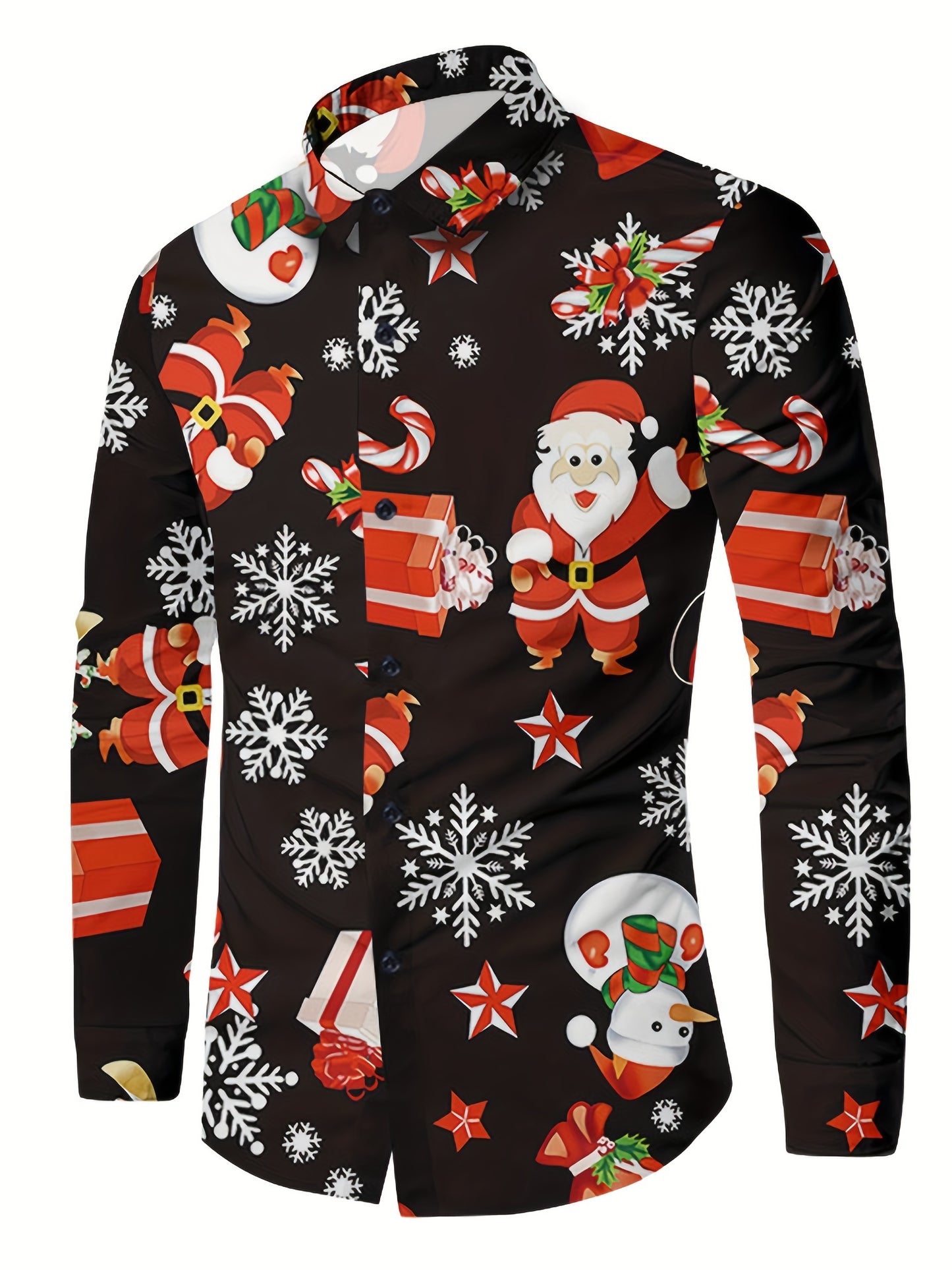 Christmas Lovely Cartoon Full Print Men's Long Sleeve Button Up Shirt, Spring Fall, Party Costume