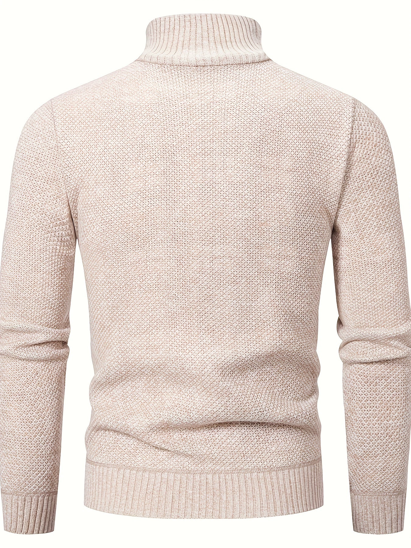 Men's Trendy Solid Knitted Pullover, Casual Slightly Stretch Breathable Turtle Neck Zip Up Long Sleeve Top For Outdoor Fall Winter