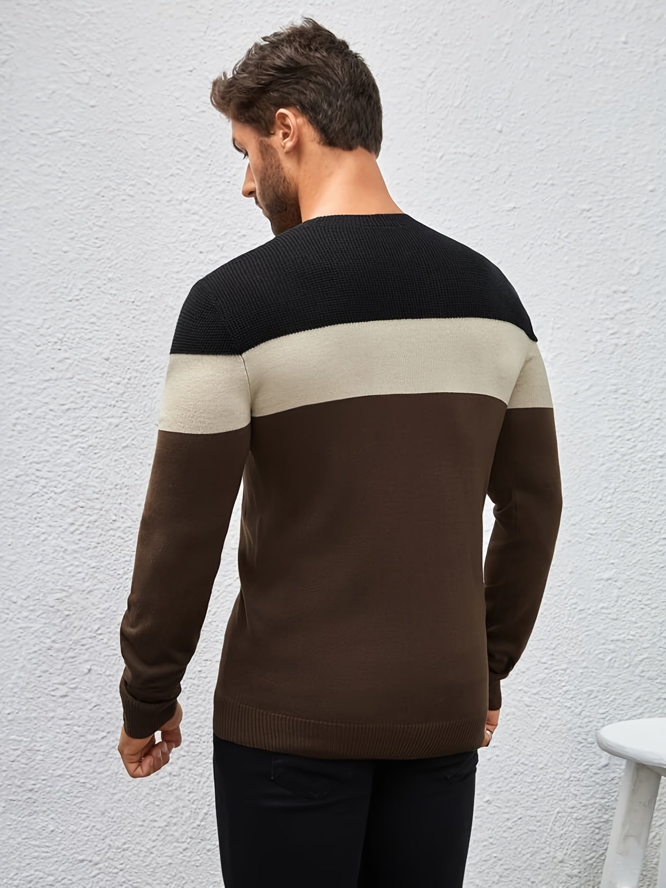 All Match Knitted Color Block Sweater, Men's Casual Warm High Stretch Crew Neck Pullover Sweater For Men Fall Winter