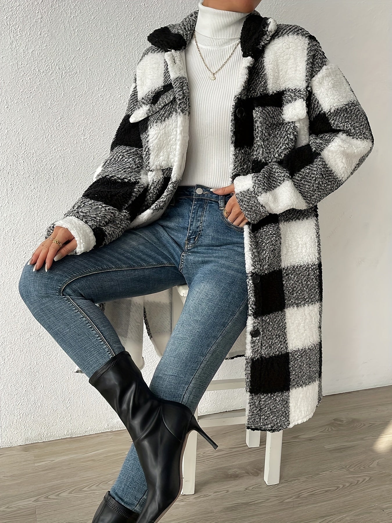 Plaid Pattern Teddy Coat, Casual Button Front Long Sleeve Outerwear, Women's Clothing