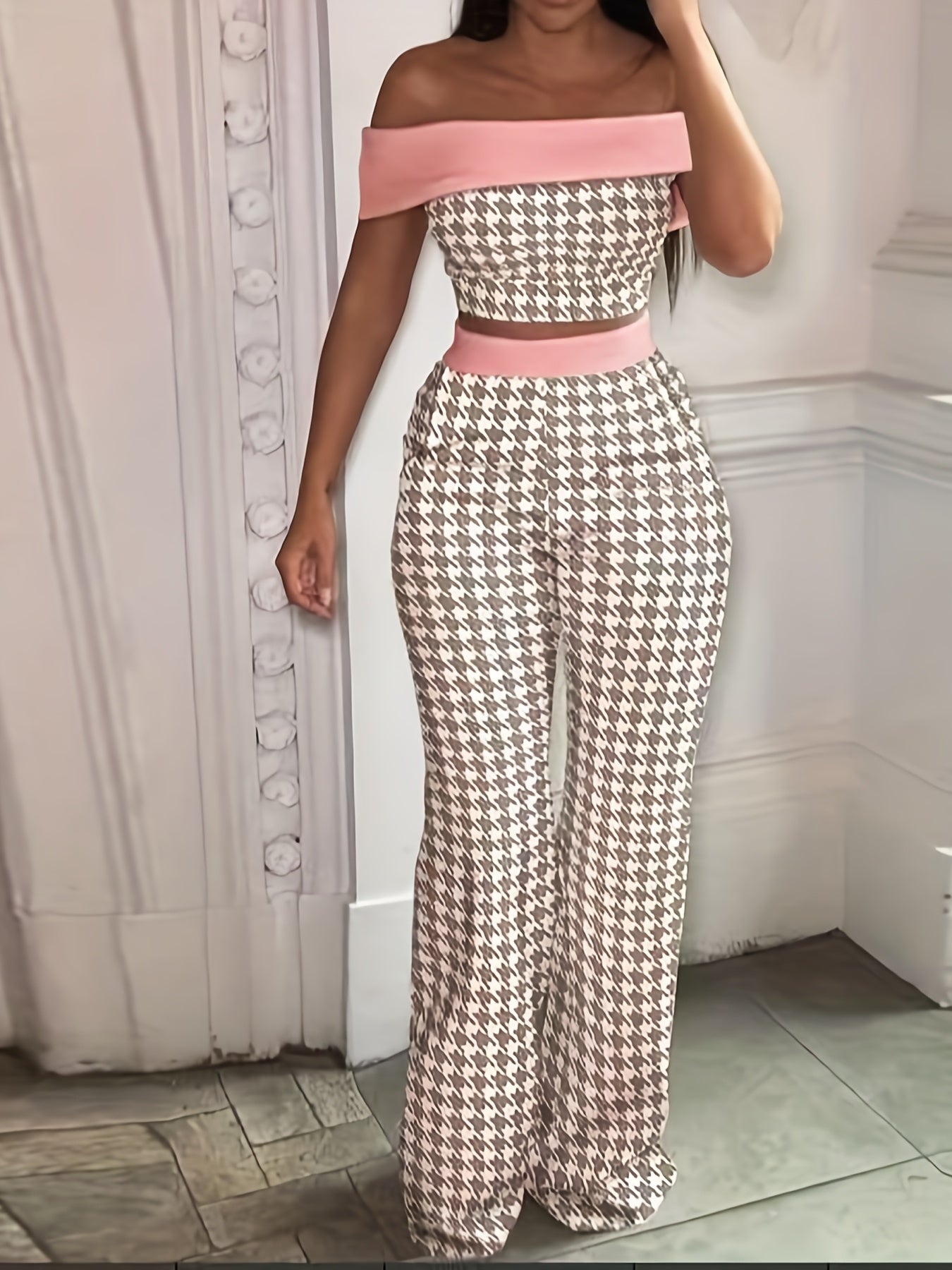 Solid Simple Two-piece Set, Off Shoulder Cropped Vest & High Waist Wide Leg Long Length Pants Outfits, Women's Clothing