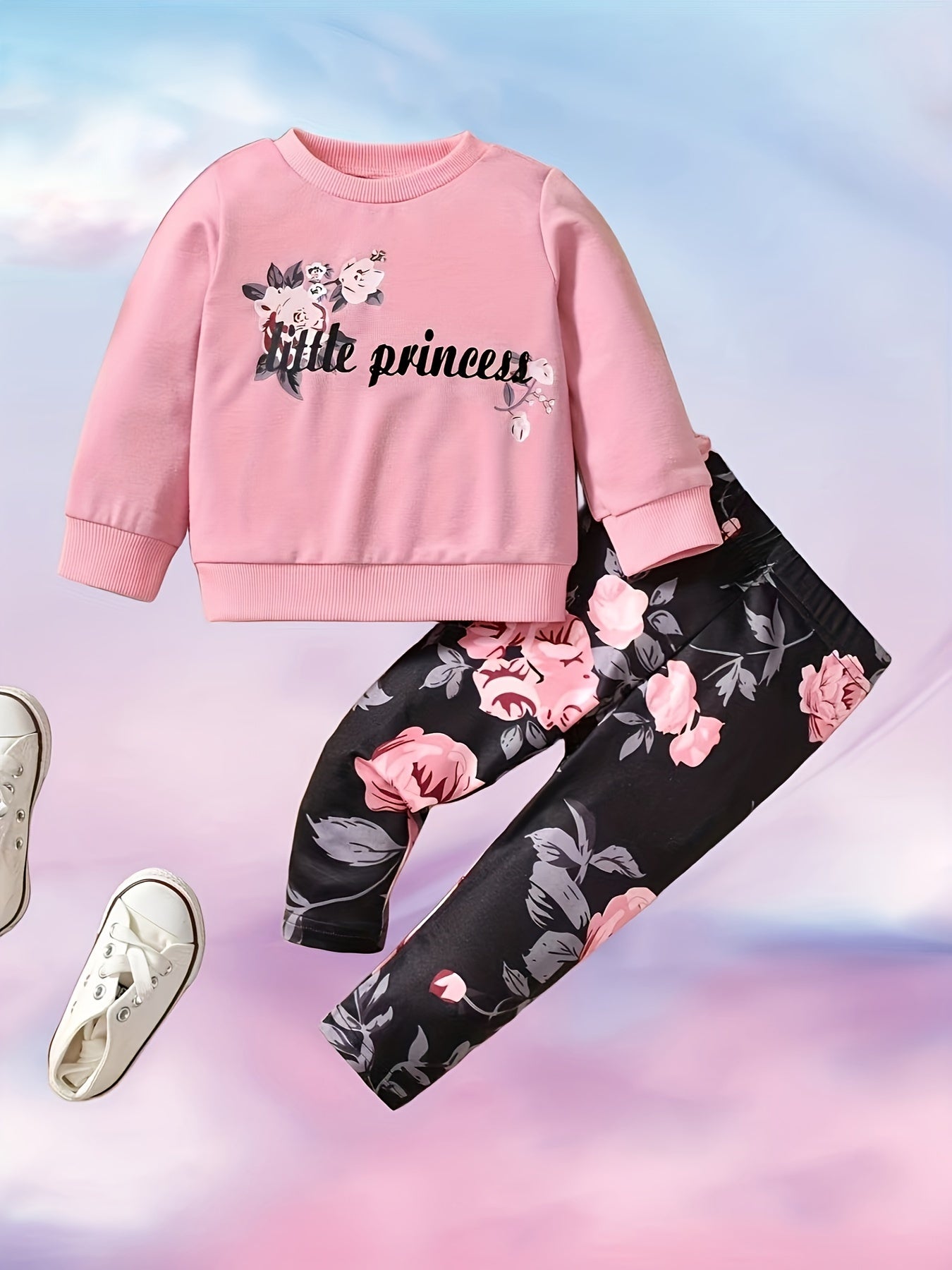 Baby Girls Trendy Casual Outfit, LITTLE PRINCESS Print Sweatshirt Floral Pants Set