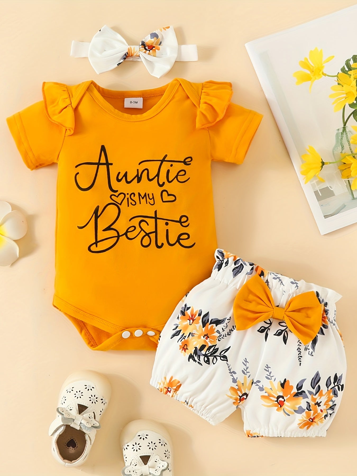 3pcs Baby Girls Cute "Auntie Is My Bestie" Short Sleeve Onesie & Floral Shorts & Headband Set Clothes