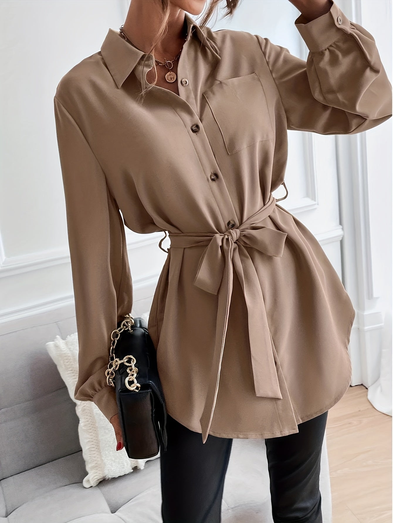 Solid Pocket Polo Collar Belted Blouse, Casual Long Sleeve Blouse For Spring & Fall, Women's Clothing