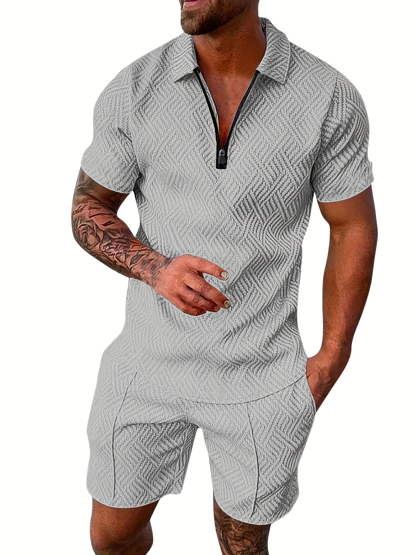Men's Polyester Thin V-neck Zipper Sweatsuits With V-neck Zipper T-shirt & Shorts Christmas Gifts Best Sellers