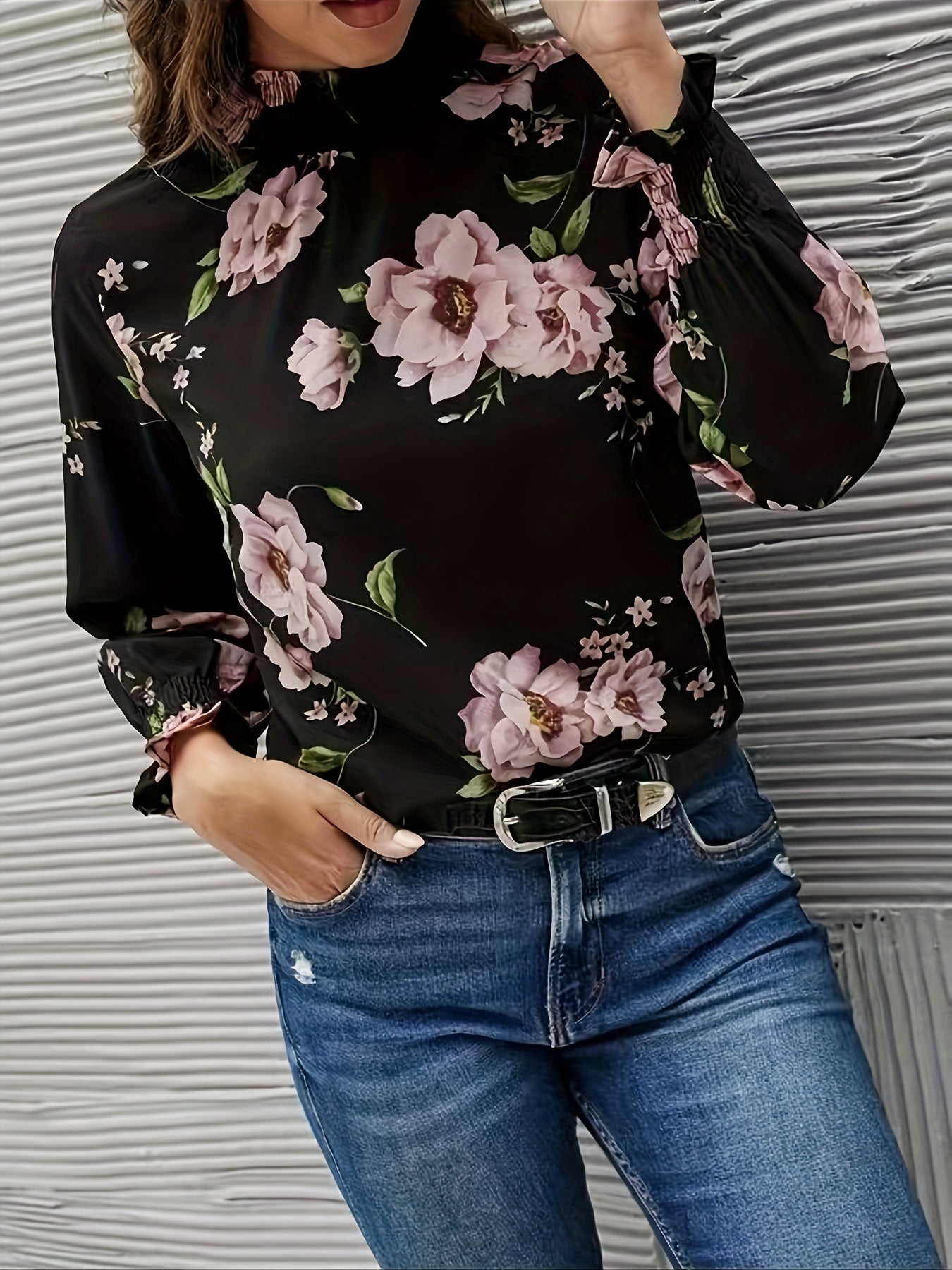 Vintage Floral Print Blouse, Elegant Shirred Long Sleeve Blouse, Women's Clothing