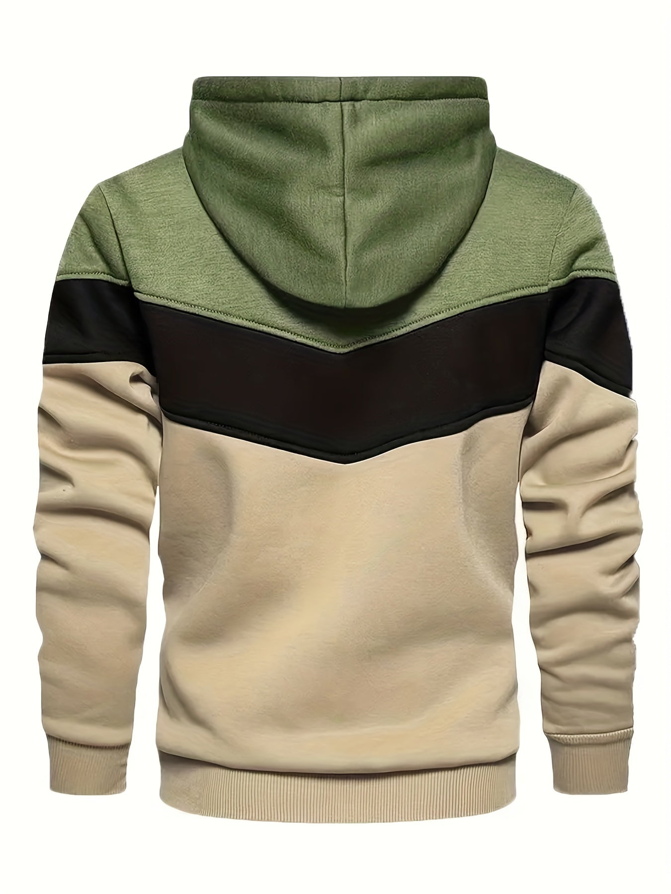 Kangaroo Pocket Drawstring Hoodie, Men's Casual Patchwork Color Block Slightly Stretch Hooded Sweatshirt For Spring Fall