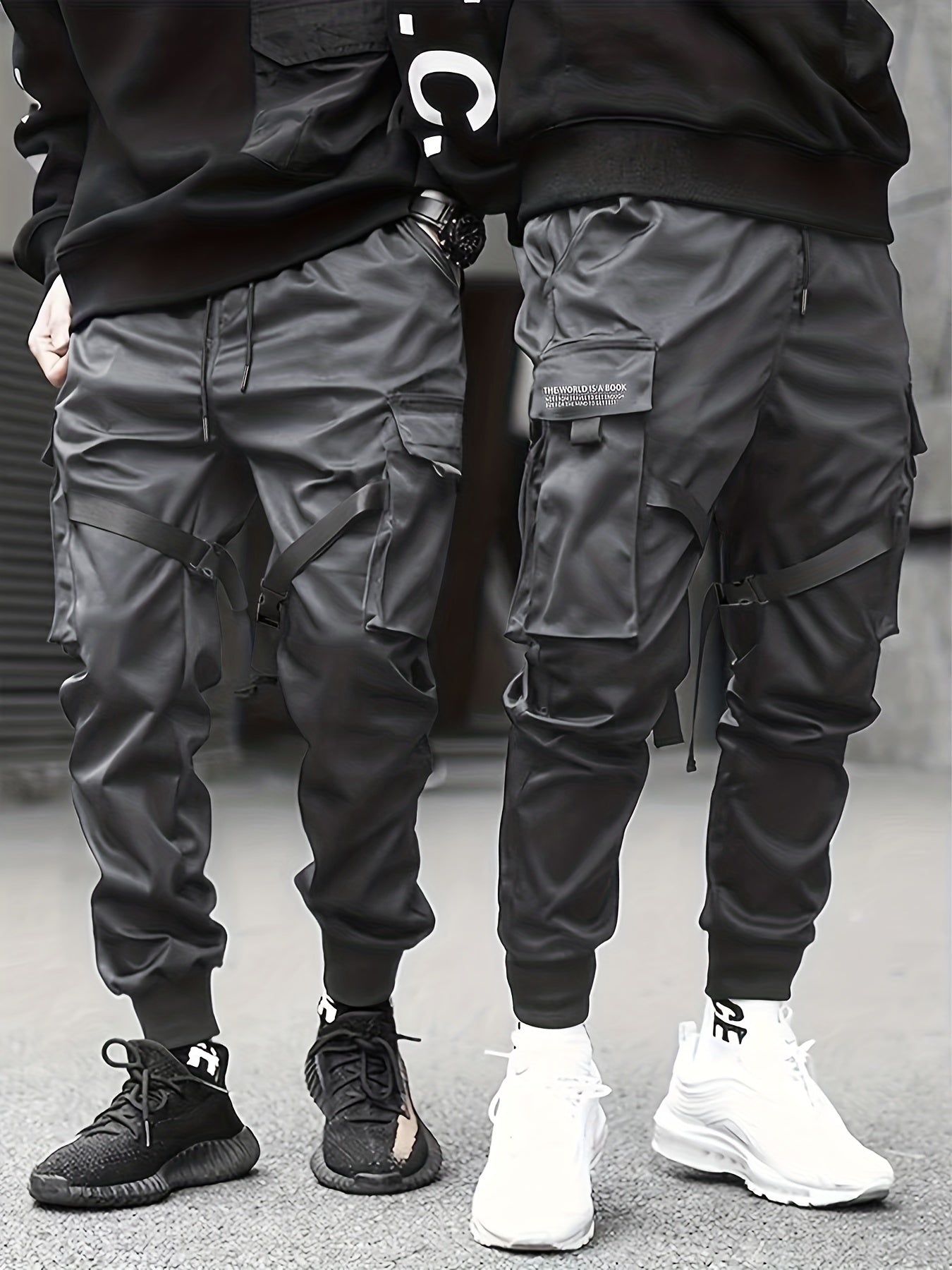 Classic Design Multi Flap Pockets Cargo Pants,Men's Loose Fit Drawstring Kpop Cargo Pants，For Skateboarding,Street,Outdoor Camping