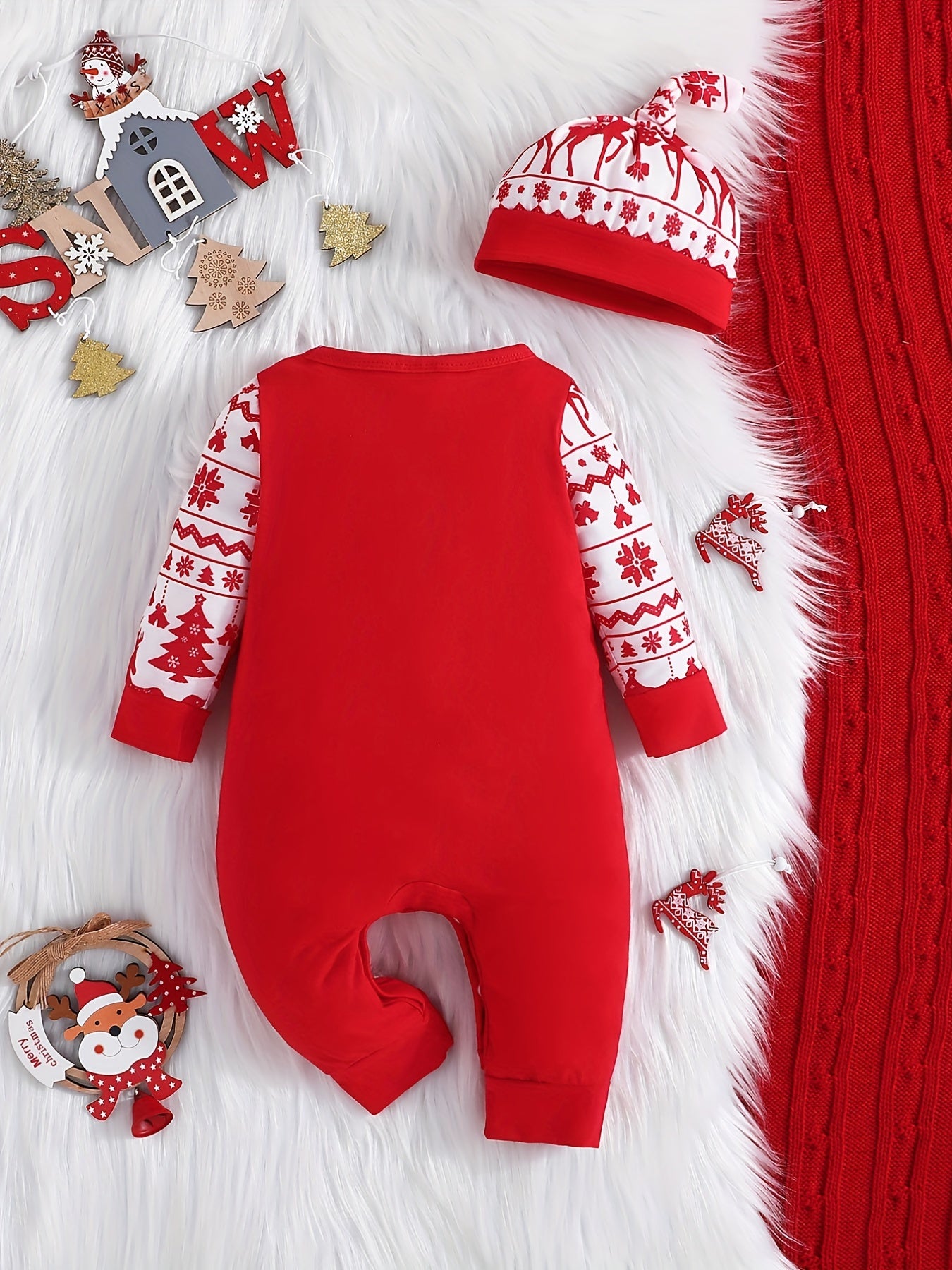 Christmas Cute Reindeer Letters Graphic Toddler Baby's Cute Jumpsuit With Hat, Kid's Pary Casual Clothes